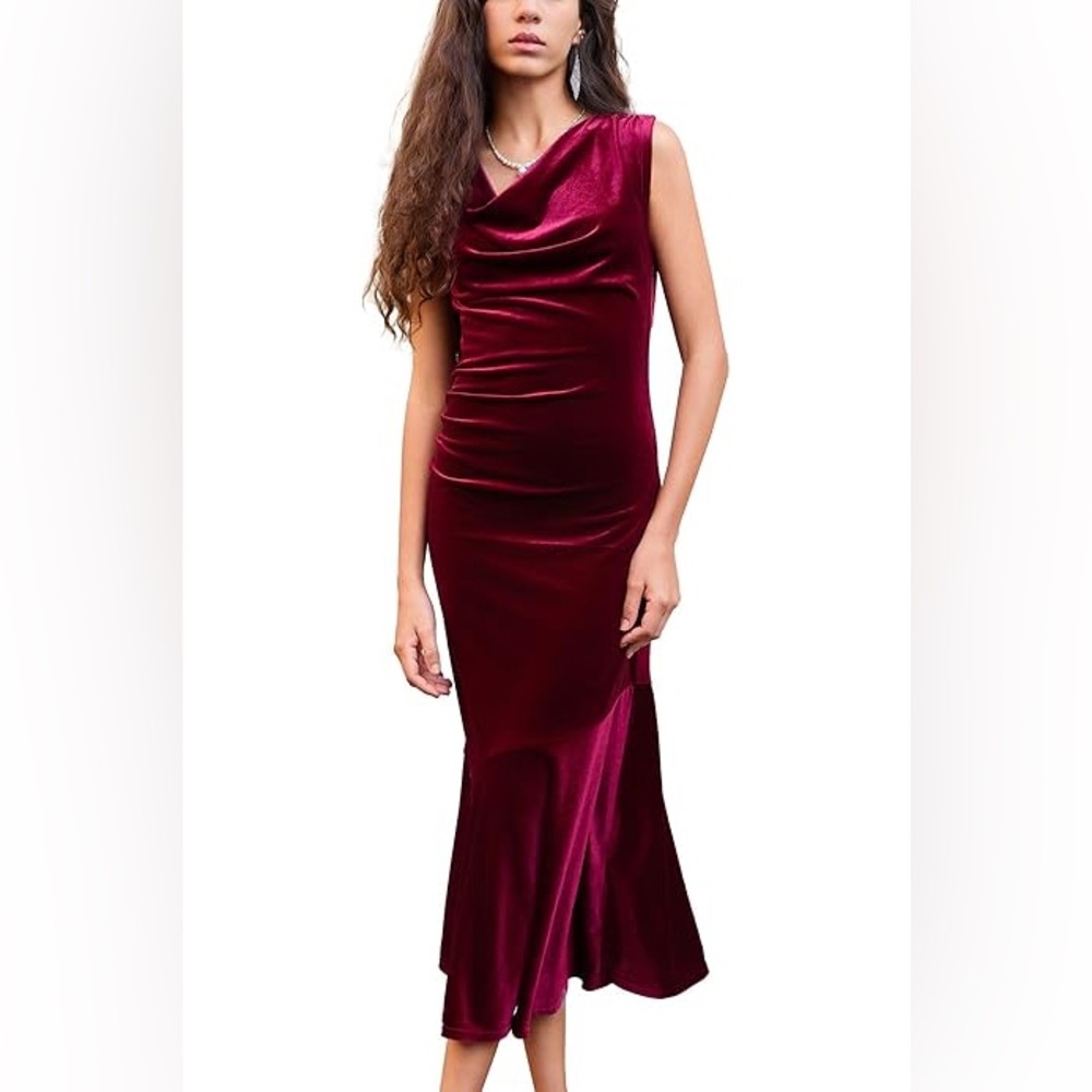 Miaoyinu Burgundy Velvet Cowl Neck Midi Dress M